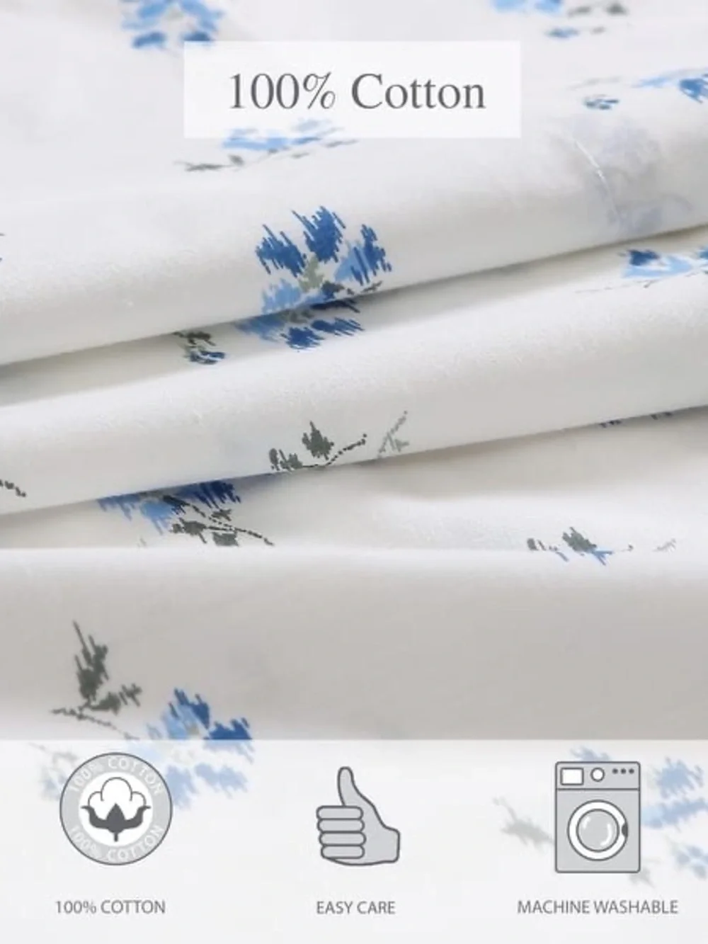 Classic White Pillowcase Pair with Blue Floral Print 100% Cotton